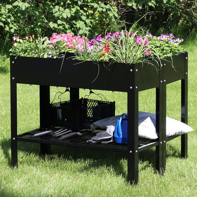 Hot Dip Galvanized Steel Raised Garden Beds with Mesh Shelf Set of 2 - Black