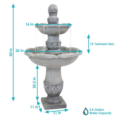 50" French Garden Design Two-Tier Electric Fiberglass-Reinforced Concrete Outdoor Water Fountain - Dusty Gray