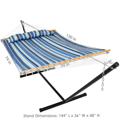 Quilted Fabric Outdoor Two-Person Hammock with Spreader Bars and Freestanding Stand - Misty Beach