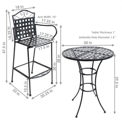 Scrolling Wrought Iron Outdoor Bar Chair and Table Set - Black