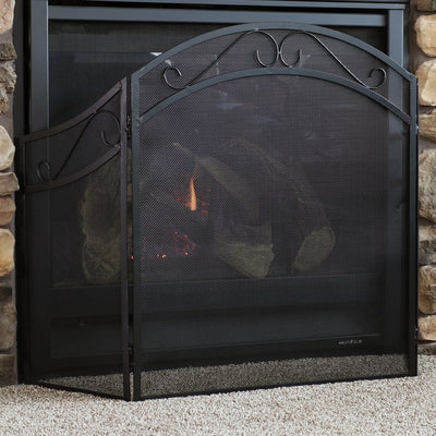 Folding Three-Panel Steel Fireplace Screen with Elegant Scroll Design - Black