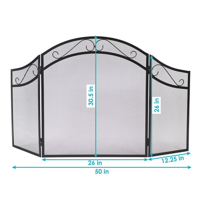 Folding Three-Panel Steel Fireplace Screen with Elegant Scroll Design - Black