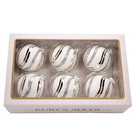 80 MM White Glittered Glass Swirl Ball Ornaments Set of 6