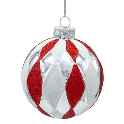 80 MM Red, White, and Silver Glass Ball Ornaments Set of 6