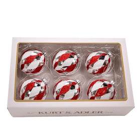 80 MM Red, White, and Silver Glass Ball Ornaments Set of 6