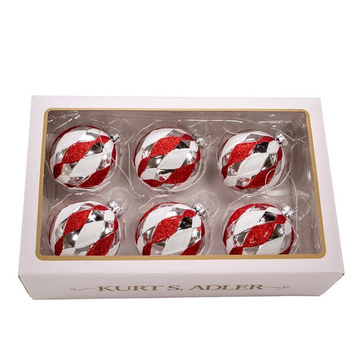 80 MM Red, White, and Silver Glass Ball Ornaments Set of 6