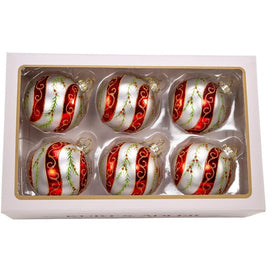 80 MM Red and White Glass Holly Leaves Ball Ornaments Set of 6