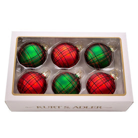 80 MM Red and Green Plaid Glitter Ball Ornaments Set of 6