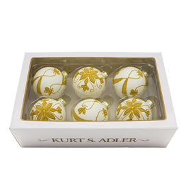 80 MM White Glass Ball Ornaments with Gold Beads Set of 6