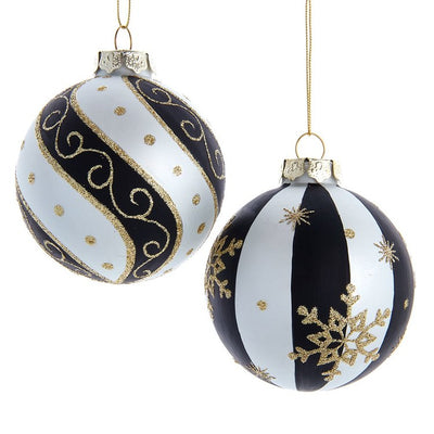 80 MM Silver/Black/Gold Glass Ball Ornaments Set of 6