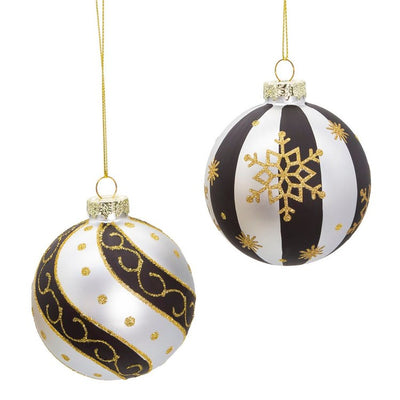 80 MM Silver/Black/Gold Glass Ball Ornaments Set of 6