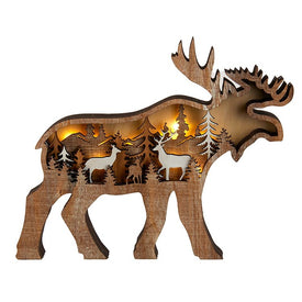 12" x 9.5" Wooden Light-Up Moose Tabletop Decoration, Cordless