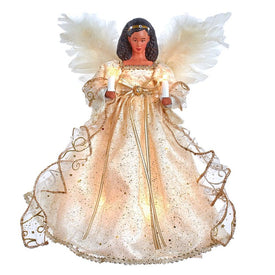 12" 10-Light Ivory and Gold African American Angel Christmas Tree Topper