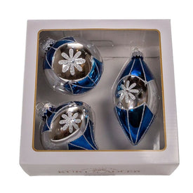 80 MM Blue Glass Snowflake Ball, Onion, and Teardrop Ornaments Set of 3