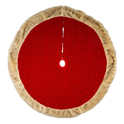 48" Red Knit Christmas Tree Skirt with Tan Faux Fur Border