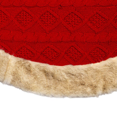 48" Red Knit Christmas Tree Skirt with Tan Faux Fur Border