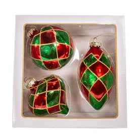80 MM Green and Red Glass Ball, Onion, and Teardrop Ornaments Set of 3