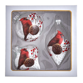 80 MM Transparent Glass Cardinal Ball, Onion, and Teardrop Ornaments Set of 3
