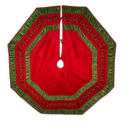 72" Poinsettia Red and Green Gathered Border Christmas Tree Skirt