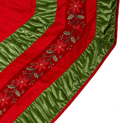 72" Poinsettia Red and Green Gathered Border Christmas Tree Skirt