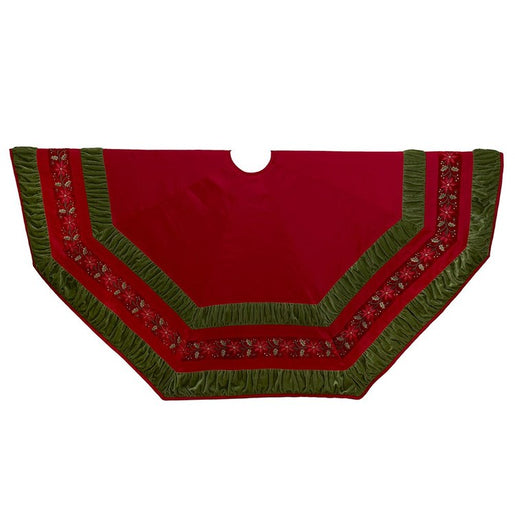 72" Poinsettia Red and Green Gathered Border Christmas Tree Skirt