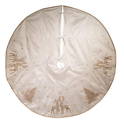 72" White Christmas Tree Skirt with Gold Glitter Christmas Tree and Reindeer Design