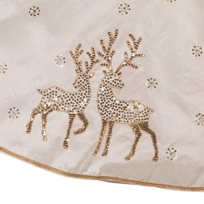 72" White Christmas Tree Skirt with Gold Glitter Christmas Tree and Reindeer Design