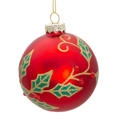 80 MM Red Glass Berry and Holly Leaves Ball Ornaments Set of 6