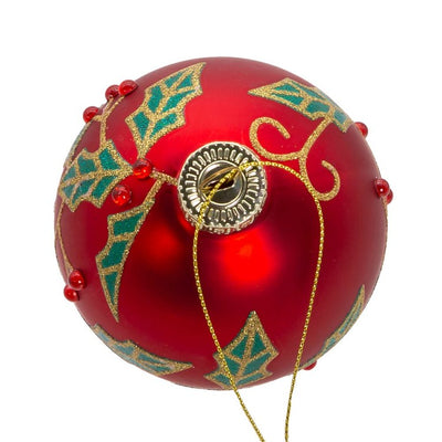 80 MM Red Glass Berry and Holly Leaves Ball Ornaments Set of 6