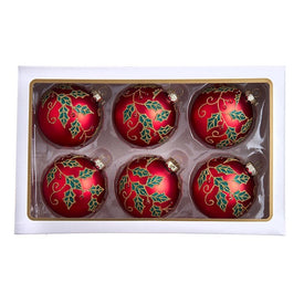 80 MM Red Glass Berry and Holly Leaves Ball Ornaments Set of 6