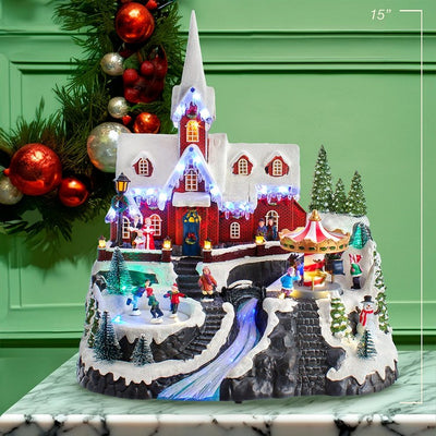 15" Musical Motion Church with Spinning Carousel and Skaters, 8 Songs, LED Lights, Electric Plug