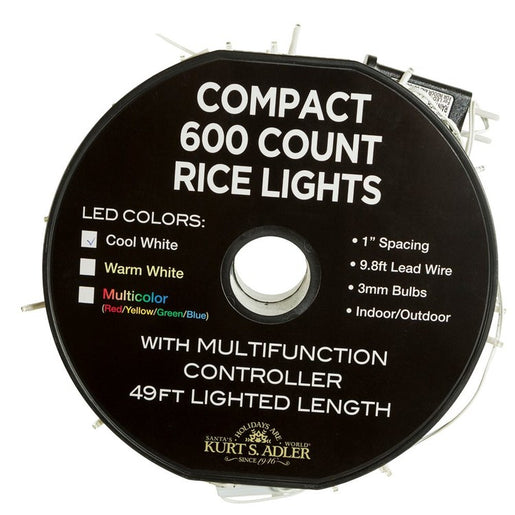 600-Light 49.2' Rice Light Set with Cool White LED Lights and White Wire