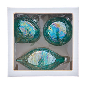 80 MM Iridescent Green Glass Onion, Ball, and Finial Ornaments Set of 3
