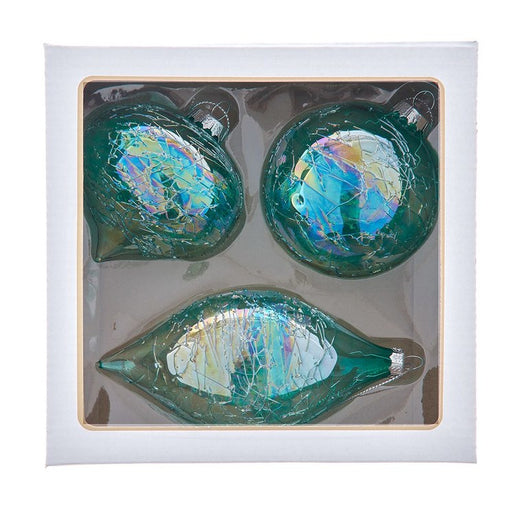 80 MM Iridescent Green Glass Onion, Ball, and Finial Ornaments Set of 3