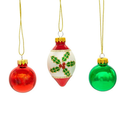 35 MM Green and Red Glass Ball and Finial Ornaments Set of 12