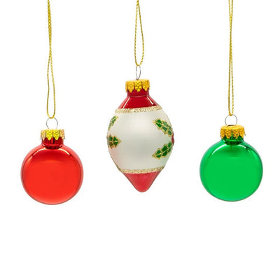 35 MM Green and Red Glass Ball and Finial Ornaments Set of 12