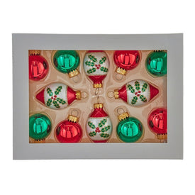 35 MM Green and Red Glass Ball and Finial Ornaments Set of 12