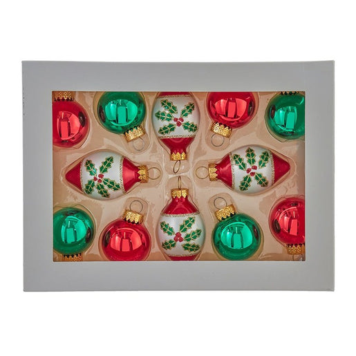 35 MM Green and Red Glass Ball and Finial Ornaments Set of 12