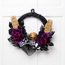 22" Unlit Skull with Hands and Purple Roses Halloween Twig Wreath