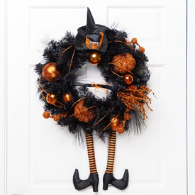 24" Unlit Orange and Black Witch and Pumpkins Halloween Wreath