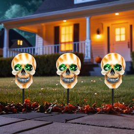 Lighted Skeleton Head Halloween Pathway Markers with Sound Set of 3