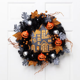 24" Unlit Orange and Black Haunted House Halloween Wreath