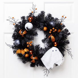 24" Unlit Orange Ornaments and Ghost Halloween Pine Wreath