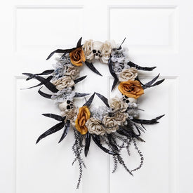 14" Unlit Skulls with Orange and Gray Roses Halloween Wreath