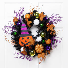 24" Unlit Jack-O'-Lantern in Witch's Hat Halloween Pine Wreath