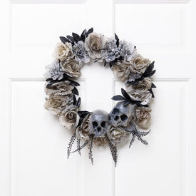 16" Unlit Double Skull and Gray Roses Halloween Wreath
