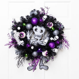 24" Unlit Purple and Black Spooky Skeleton Pine Halloween Wreath