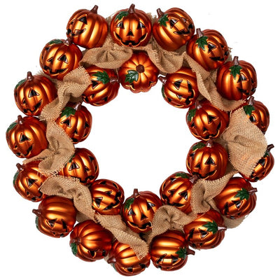 20" Unlit Jack-O'-Lantern and Burlap Ribbon Halloween Wreath