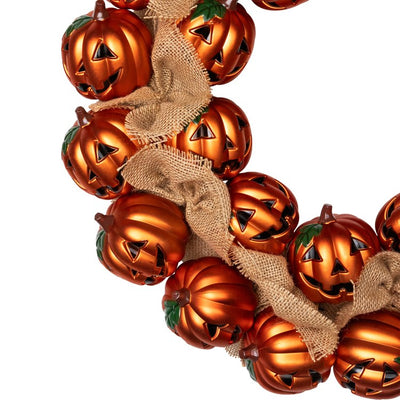 20" Unlit Jack-O'-Lantern and Burlap Ribbon Halloween Wreath