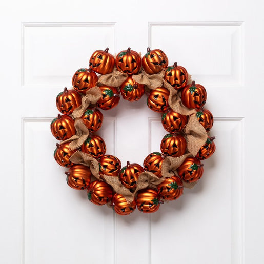 20" Unlit Jack-O'-Lantern and Burlap Ribbon Halloween Wreath